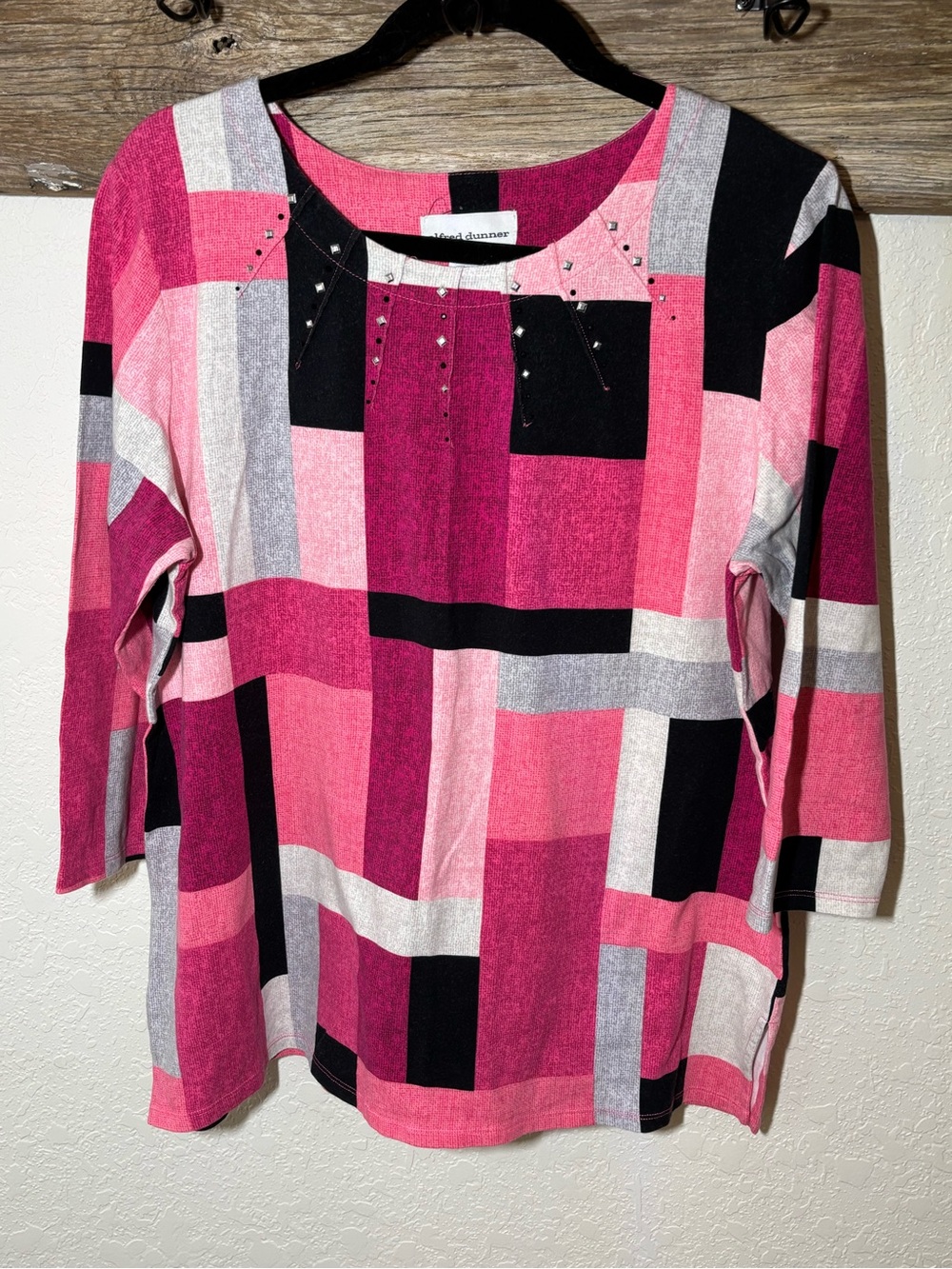 Alfred Dunner Pink Plaid Top with Rhinestone Neck, Size Medium